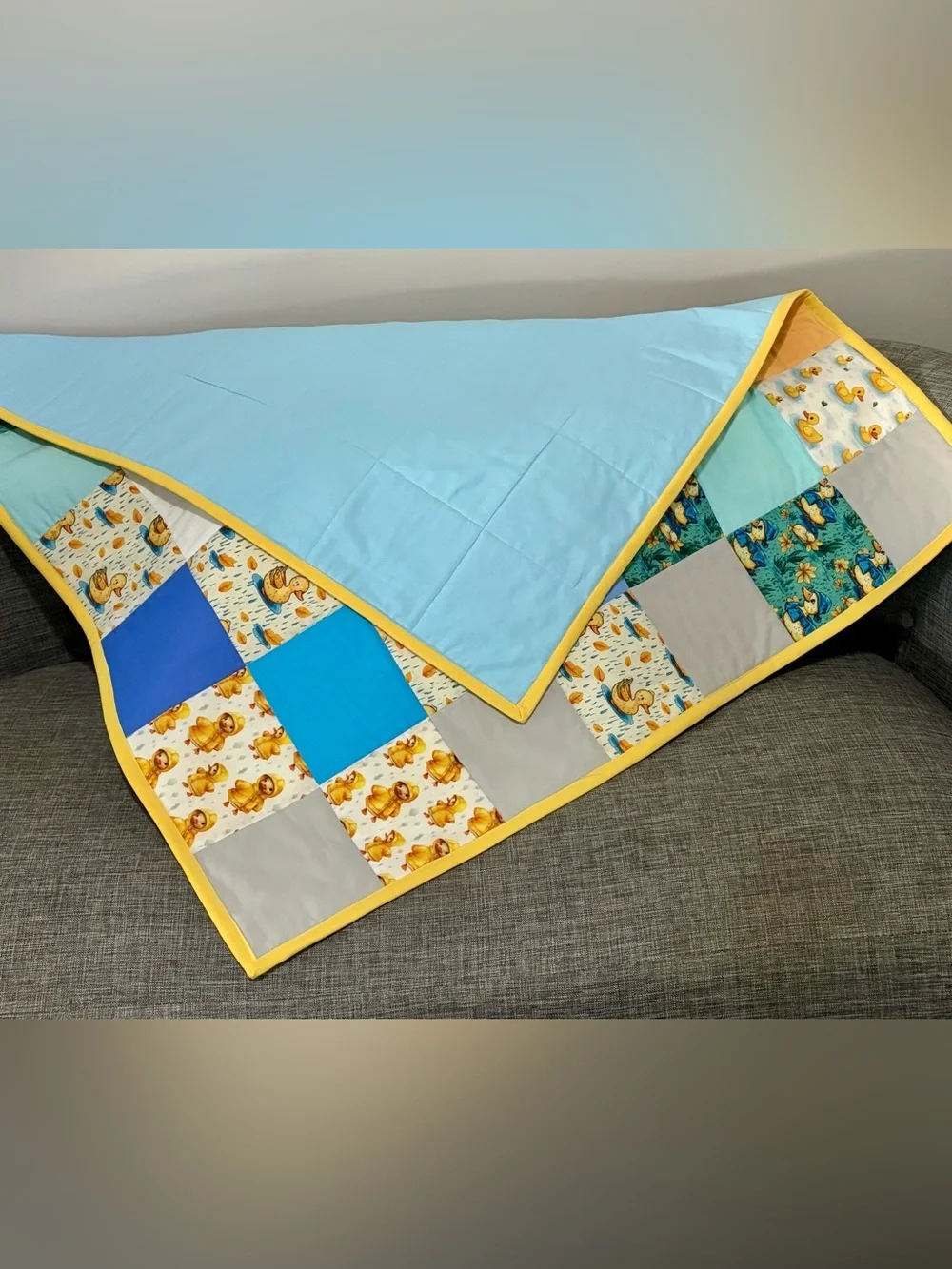 Patchwork Duck Baby Quilt in Yellow, Blue & Teal